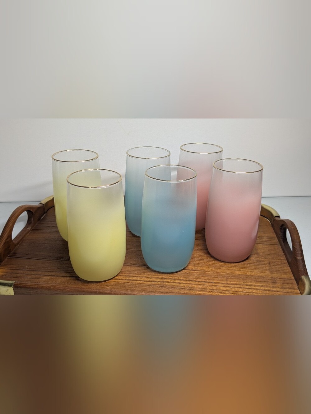 Vtg MCM Blendo Colorful Tumbler Glasses Set Of 6 Gold Rim Pink, Blue, Yellow